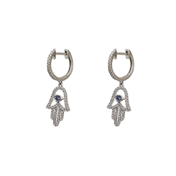 Diamond Hamsa Dangling Huggie Earrings (14K)