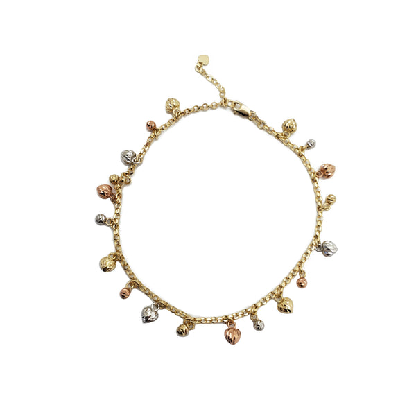 Tricolor Diamond-Cut Heart & Bead Anklet Bracelet (14K)