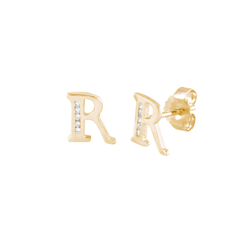 10 mm] CZ Initial Letters Stud Earrings (14K) – Popular J