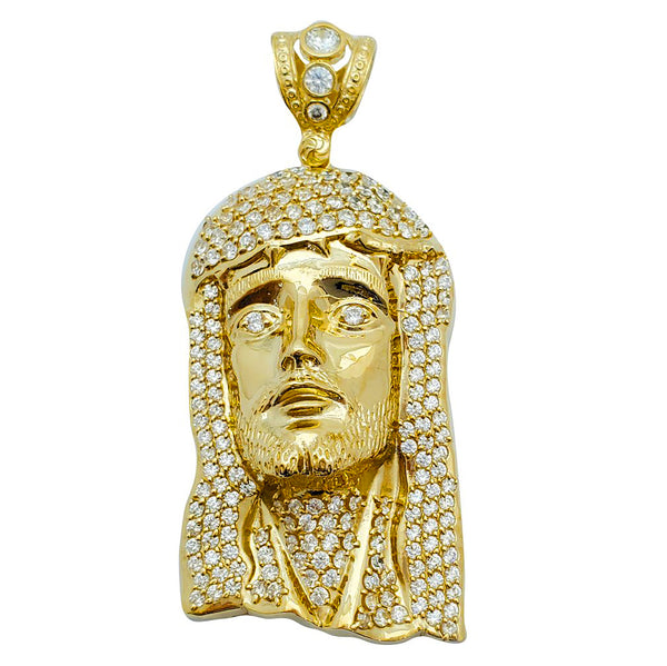 Cubic Zirconia Solid Jesus Head Pendant (14K)