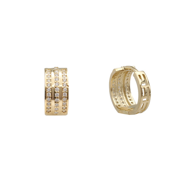 Triple Row Zirconia Greek-Key Latch Huggie Earrings (14K)