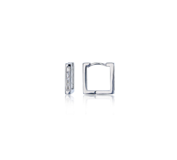 Pave 1-Row Baguette Squared Huggie Earring (Silver)