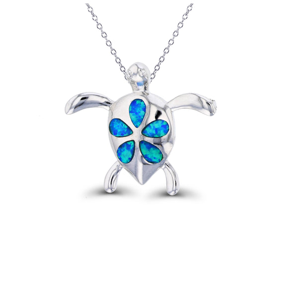 Blue Opal Turtle Necklace (Silver)