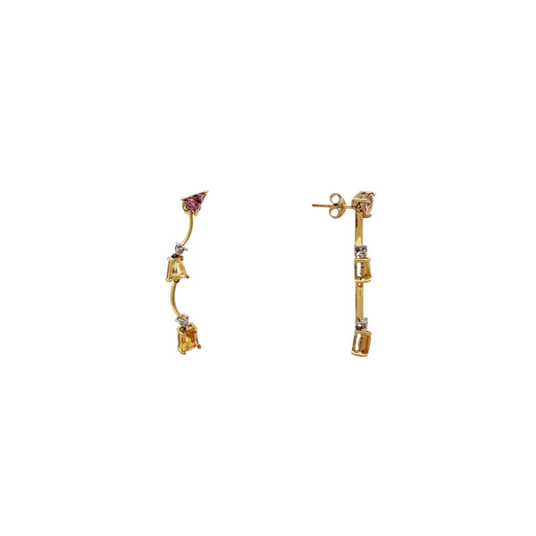 Yellow Topaz, Pink Sapphire and Diamond Dangling Earrings (14K)