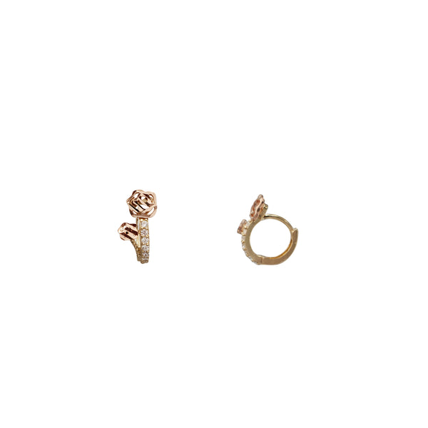 Two Tone Rose Flower Huggie Earrings (14K)