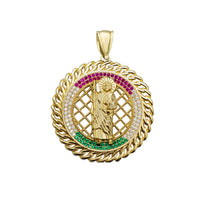 [Standard Bail] Multicolor Zirconia Round Cuban Frame Saint Jude Pendant (14K)