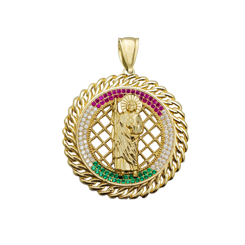 [Standard Bail] Multicolor Zirconia Round Cuban Frame Saint Jude Pendant (14K)