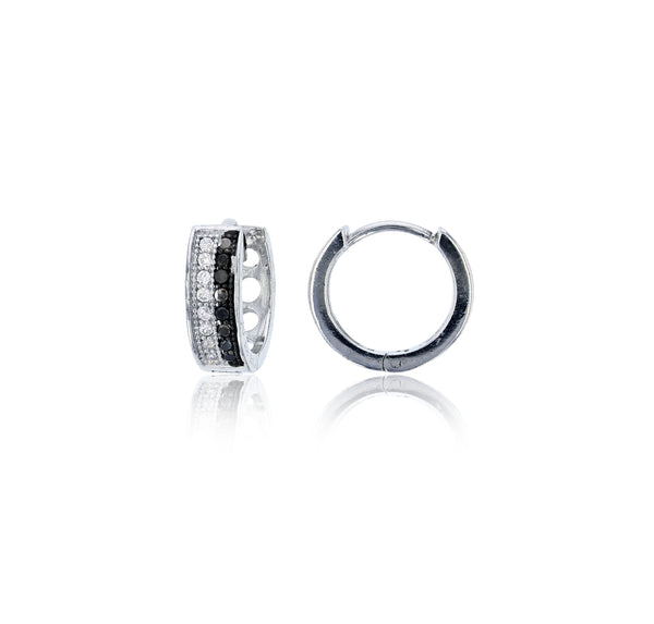 Black and White Micropave CZ Huggie Earrings (Silver)